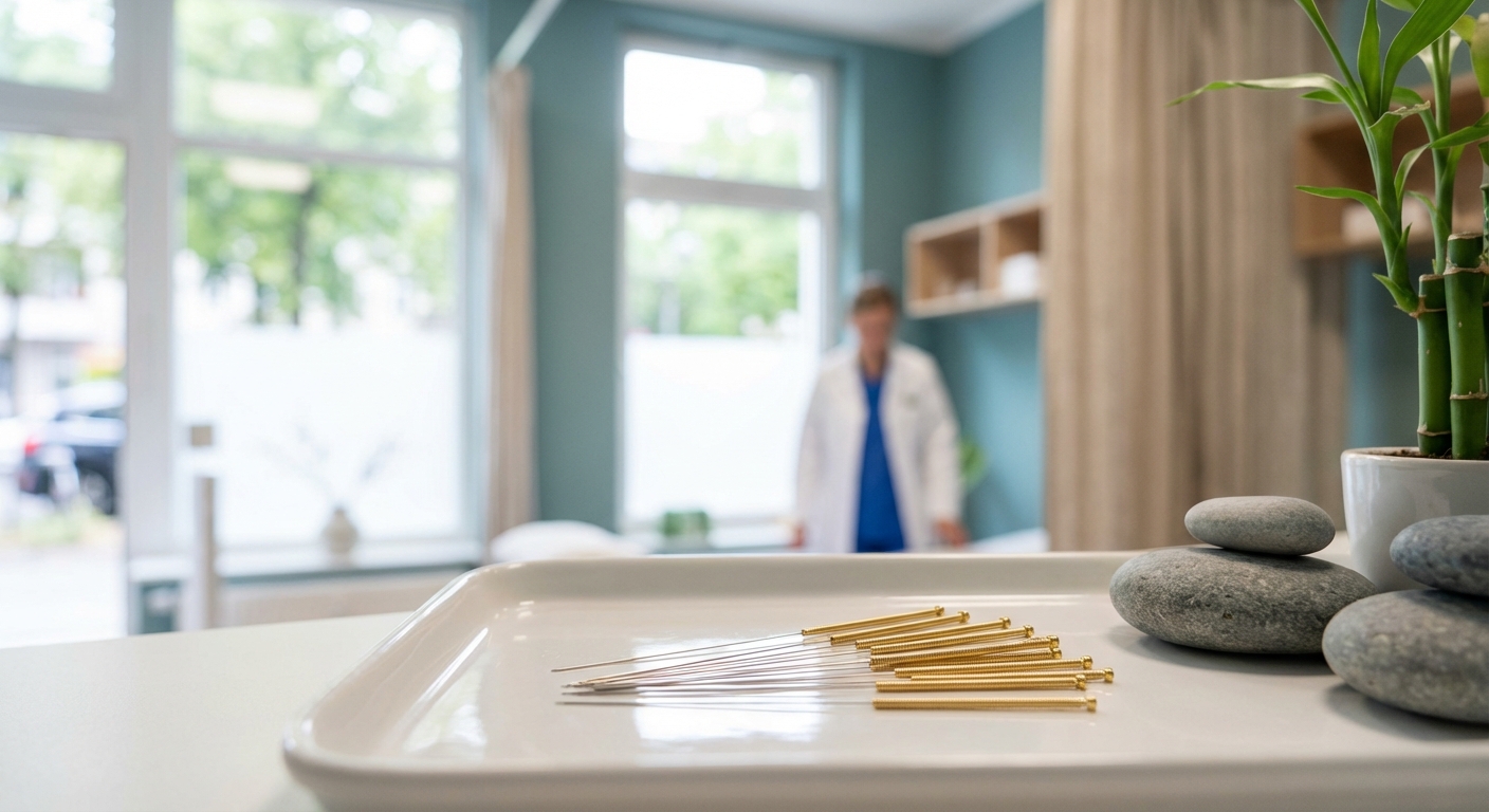 Akupunkturnadeln auf medizinischem Tablett in moderner Berliner Praxis mit natürlichem Licht
