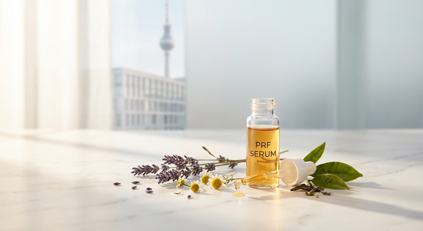 PRF-Serum in Glasfläschchen umgeben von natürlichen Pflanzenextrakten auf Marmoroberfläche