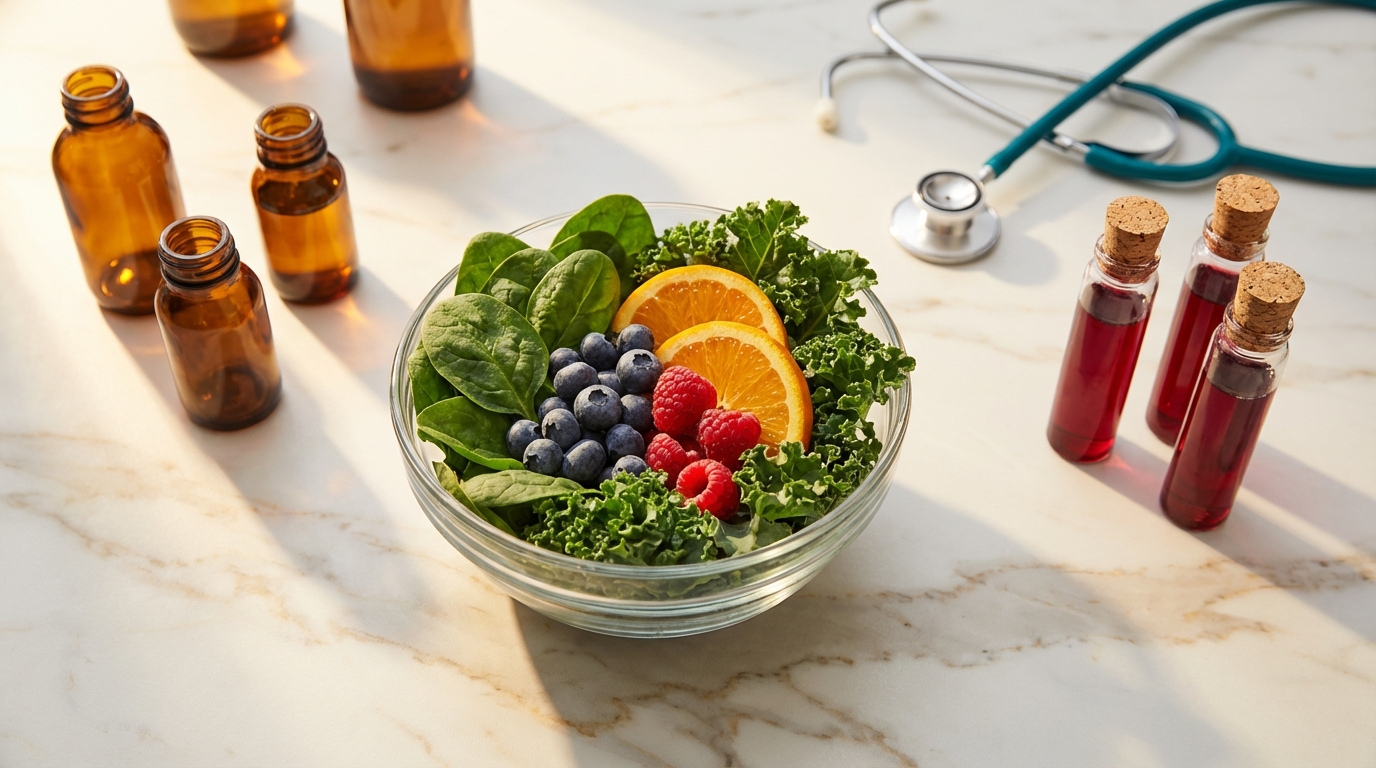 Frisches Obst und Gemüse neben Laborröhrchen und Stethoskop auf hellem Marmor in warmem Licht