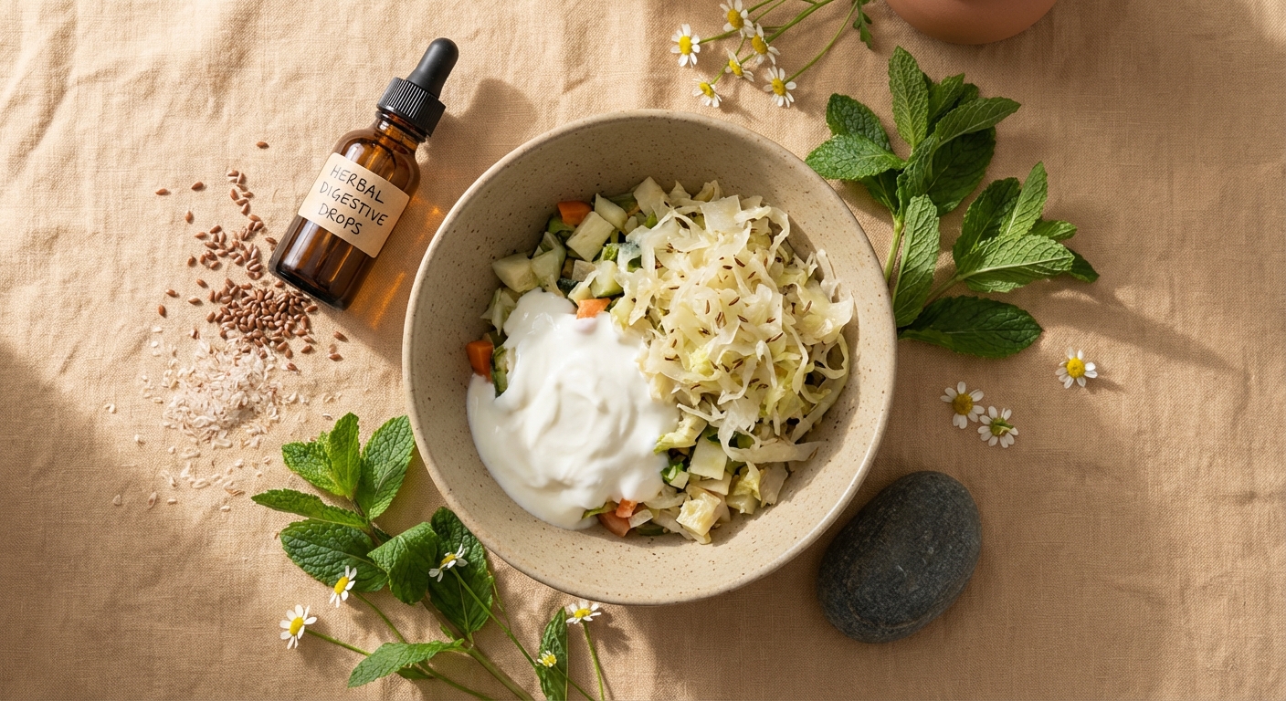 Fermentierte Lebensmittel, Kräuter und Heilmittel auf Leinenstoff in warmem Licht