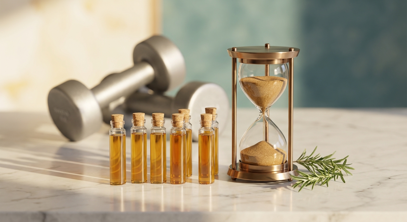 Stillleben mit Nahrungsergänzungsmitteln in Glasfläschchen, Sanduhr und kleinen Hanteln auf Marmoroberfläche